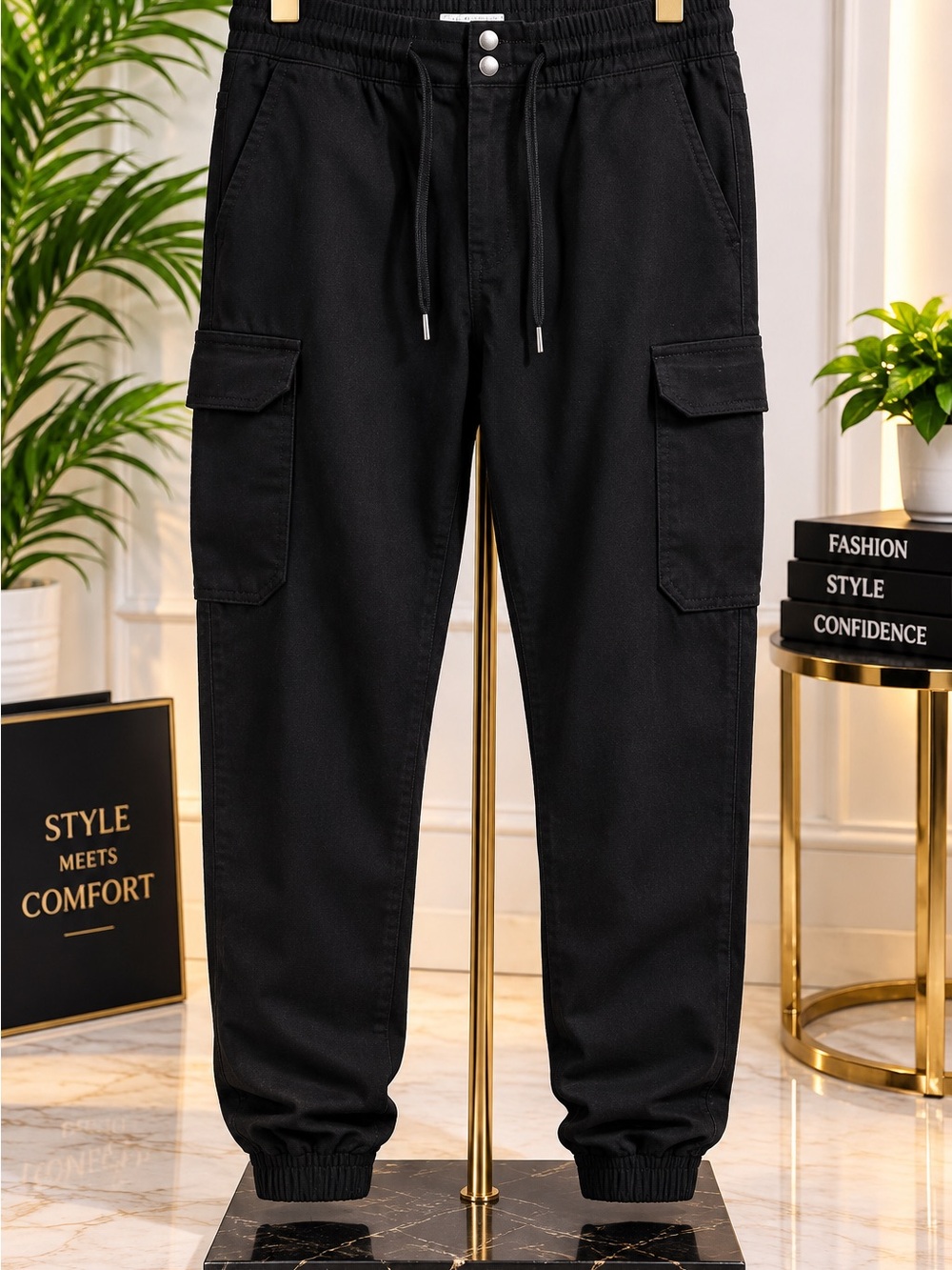 Revamped Men's Black Cargo Joggers with Drawstring